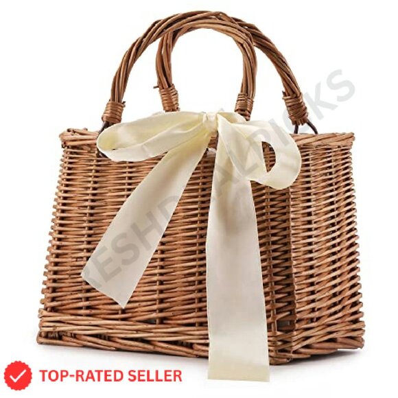 Rattan Woven Tote Handbag Summer Boho Chic Clutch Wicker Purse - Picture 2 of 8